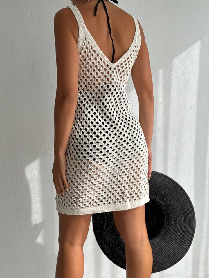 VAV NEW YORK - Wholesale Dress - Women's - Women's Midi Crochet Dress Knit V Neck Cover-Up Cotton Dress