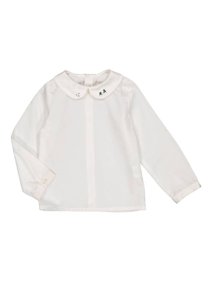 Kidiwi handmade - Wholesale T-Shirt - Kids - Harry, white organic twill blouse with green tree embroidery