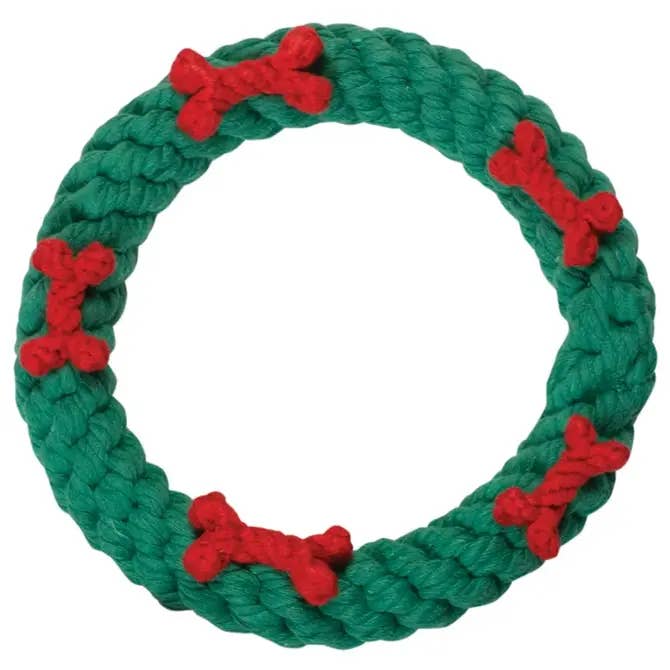Green Ring with Red Bones Dog Rope Toy (Large - 7") for wholesale by Jax & Bones