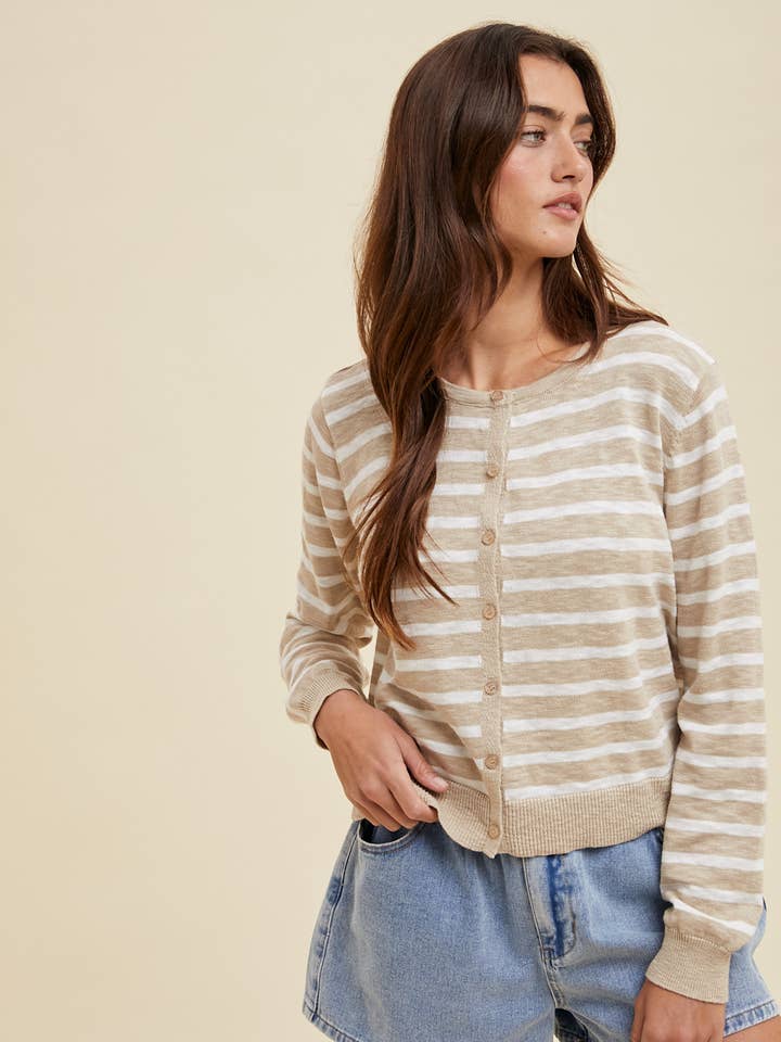 TAUPE WHITE LIGHTWEIGHT STRIPED BUTTON UP CARDIGAN / WL24-9575 for wholesale on Faire