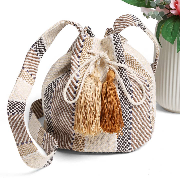 Fashion City - Wholesale Crossbody Bag - Women's - Striped Pattern Crossbody Bucket Bag with Tassels