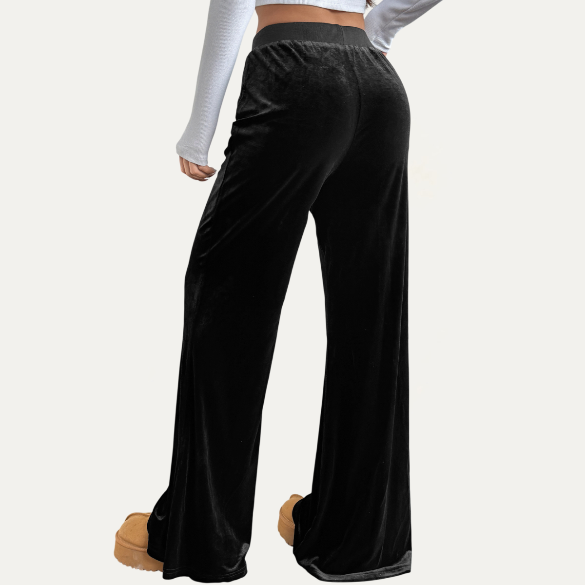 Preto Calças Confortáveis de Veludo Preto de Cintura Alta e Pernas Largas para venda a revendedores na Faire8