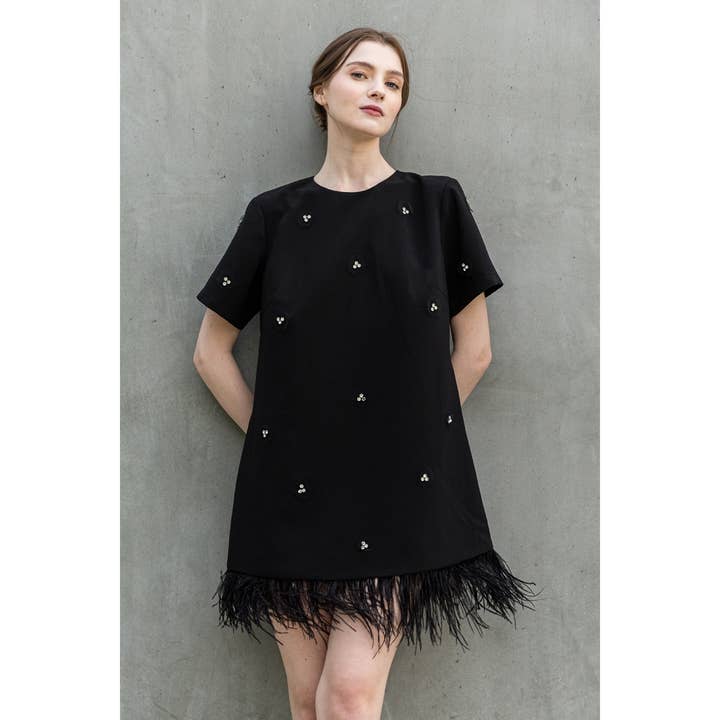 INA - Wholesale Dress - Women's - Short Sleeve Jeweled Feather Hem Mini Dress