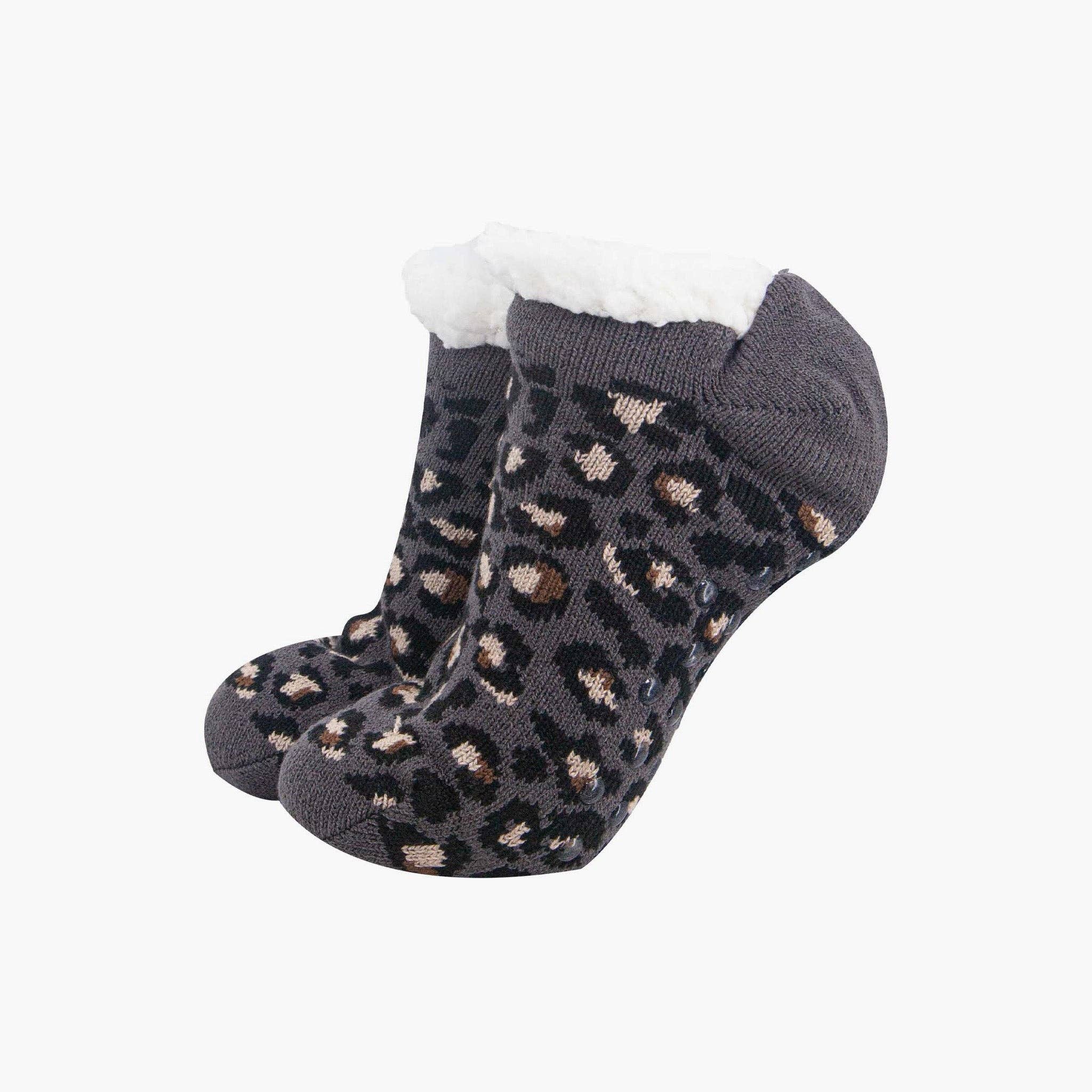 Sock Talk - Wholesale Sock Slippers - Women's - Women's Short Slipper Sock- Dark Grey, Leopard4