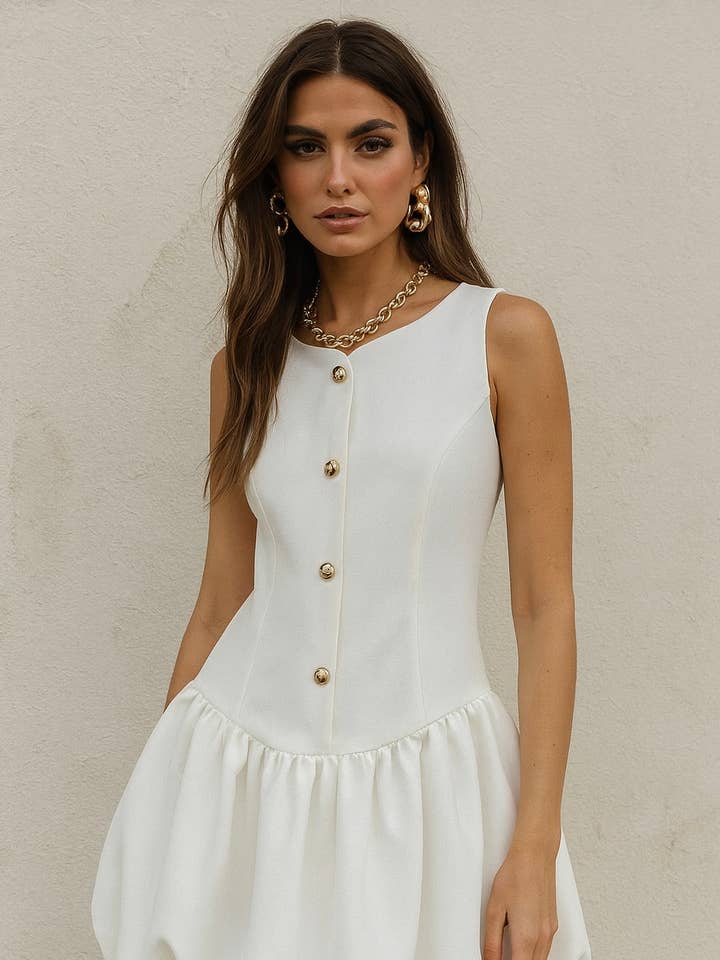 Robe sans manches à jupe ballon et boutons dorés - 5622 pour la vente par Frime