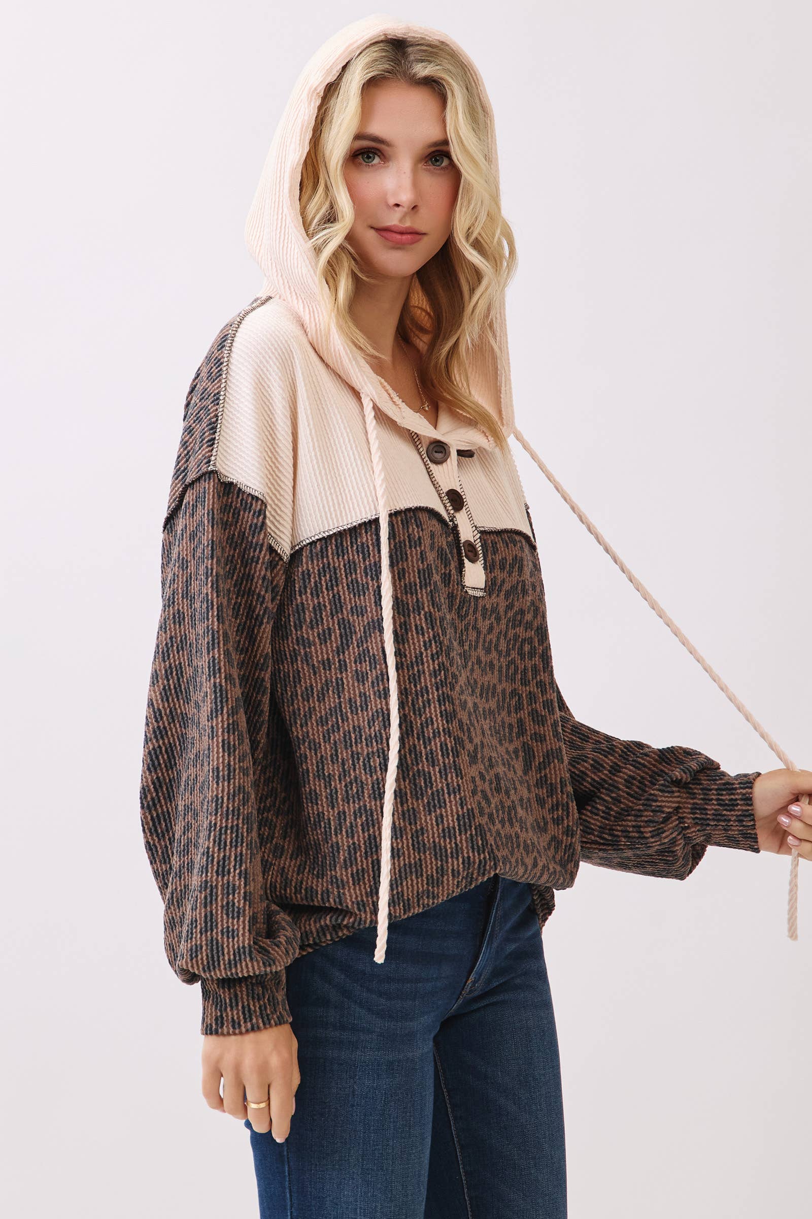 7th Ray - Wholesale Hoodie - Women's - Leopard Print Button Front Drawstring Hoodie T611515