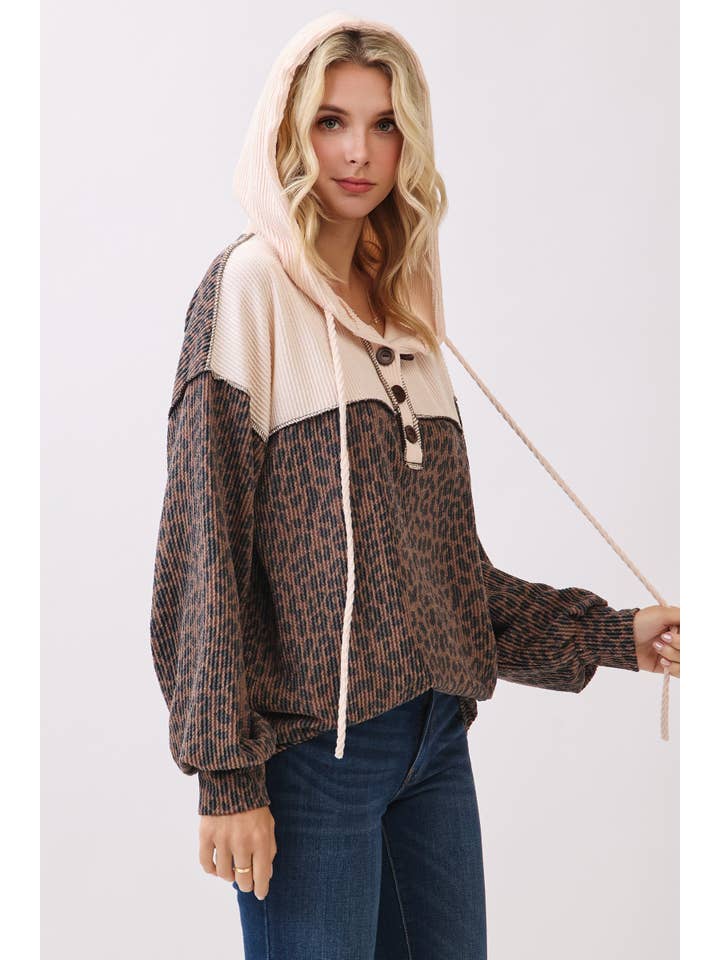 7th Ray - Wholesale Hoodie - Women's - Leopard Print Button Front Drawstring Hoodie T611515