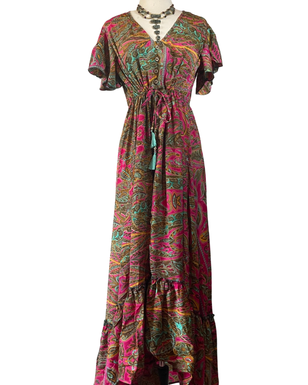 Pink and Silver - Venta al por mayor Vestido - Mujer - Vestido maxi de seda con volantes y mangas de mariposa (fucsia-marrón)1