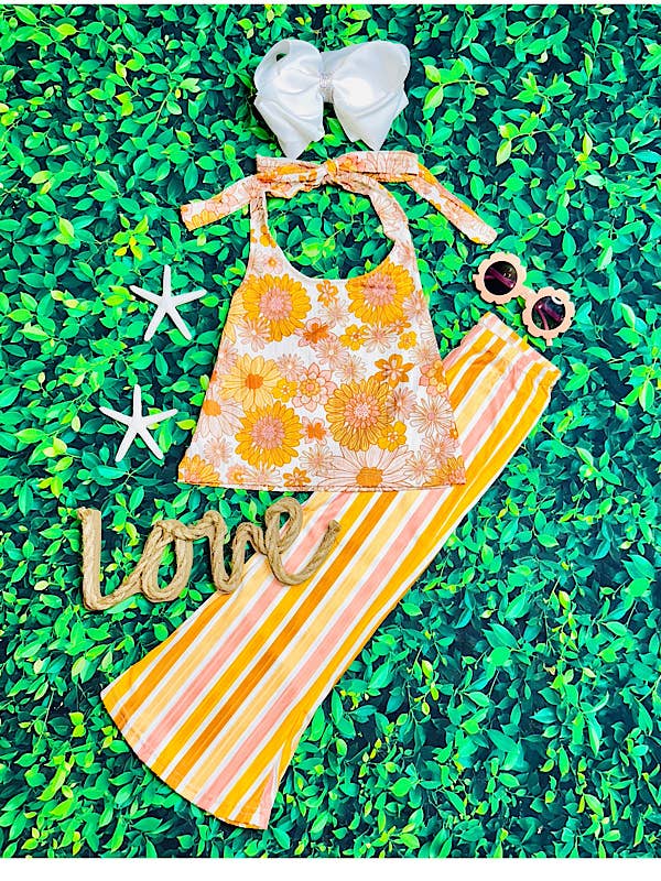 Yellow & orange floral & stripped halter top 2pc set 1170WY for wholesale by luluclothes