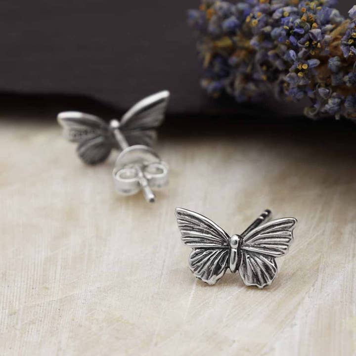 Nina Designs - Wholesale Stud/Post Earrings - Silver or Bronze Textured Butterfly Post Earrings 7x11mm