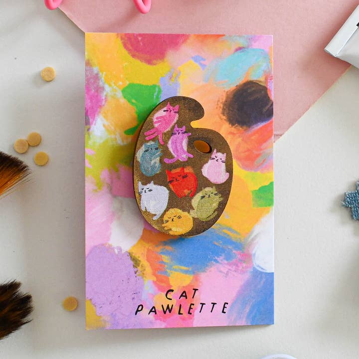 Cat Art Paint Palette Wooden Pin Badge for wholesale by Niaski - Feline Fine Art (USA DUTIES PAID)