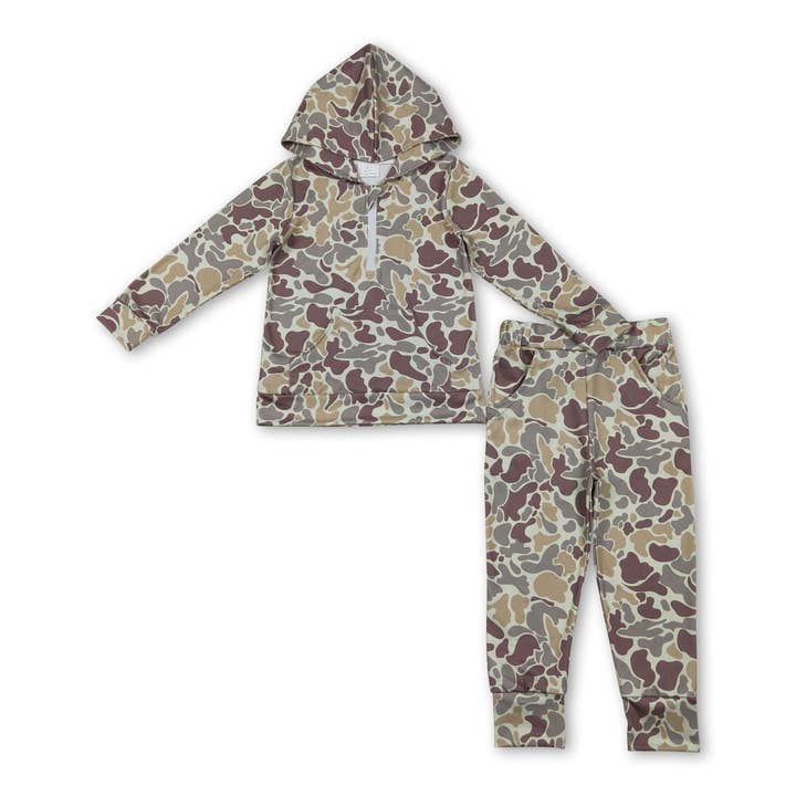 Camo zip pocket hoodie pants hunting kids clothing set for wholesale by Yawoo Garments