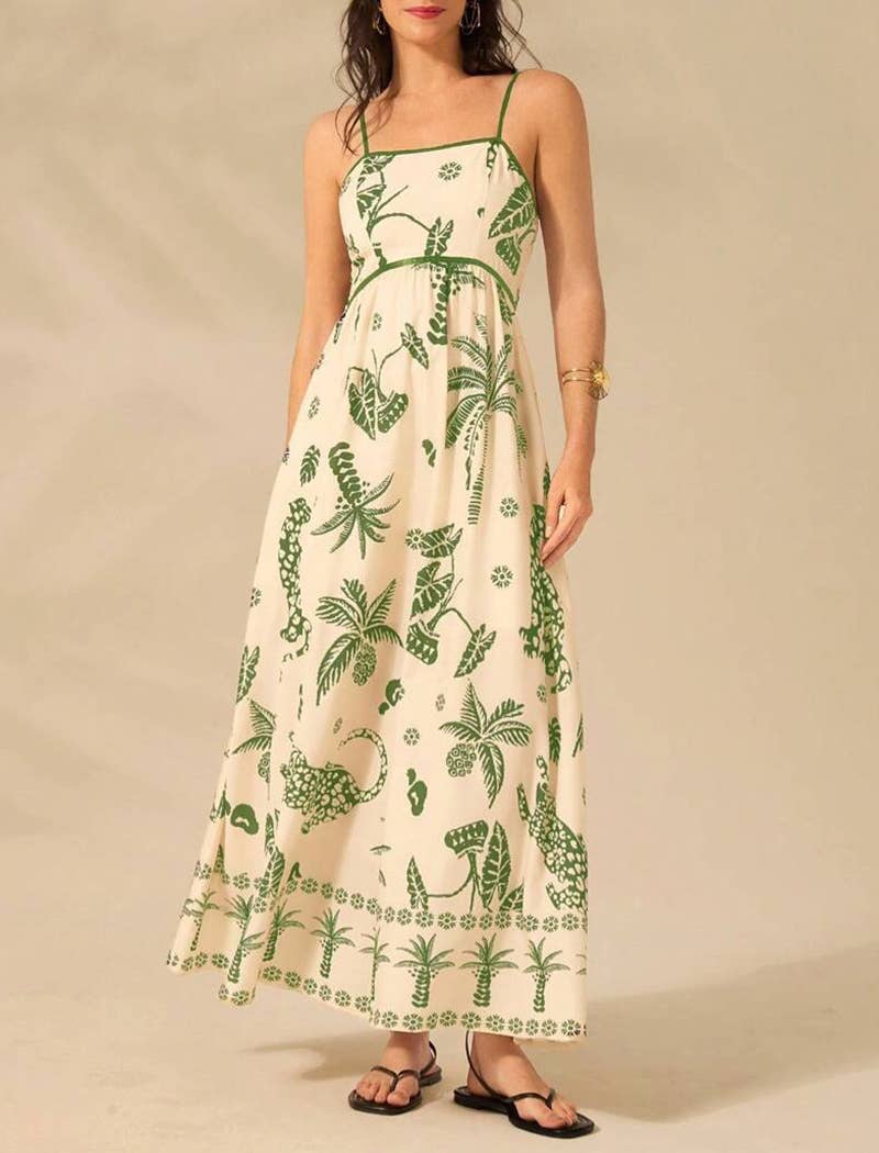 GREEN Tropical Print Maxi Dress with Spaghetti Straps for wholesale on Faire