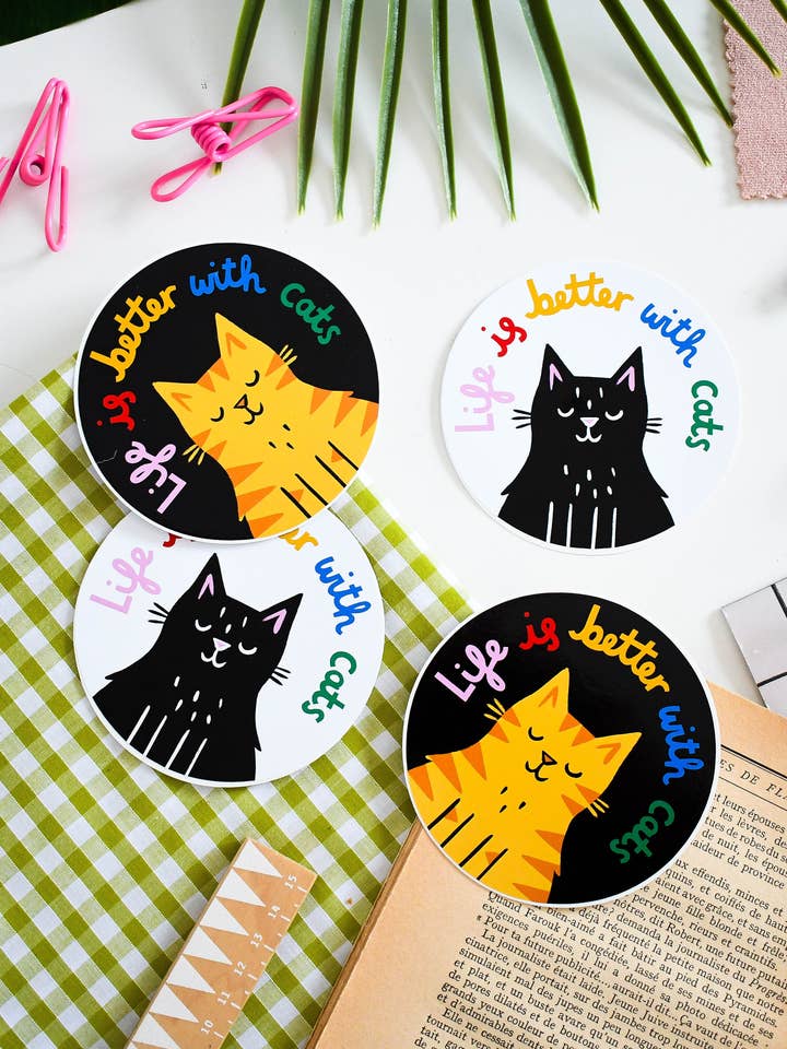 Life is Better with Cats - Colourful Vinyl Sticker for wholesale by Nat Ellis Illustration