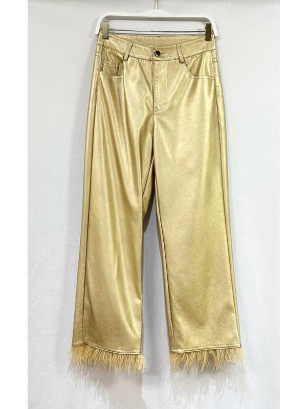 VENTI6 - Wholesale Pants - Women's - PU FEATHER HEM PANTS POCKETS (80136-PU)