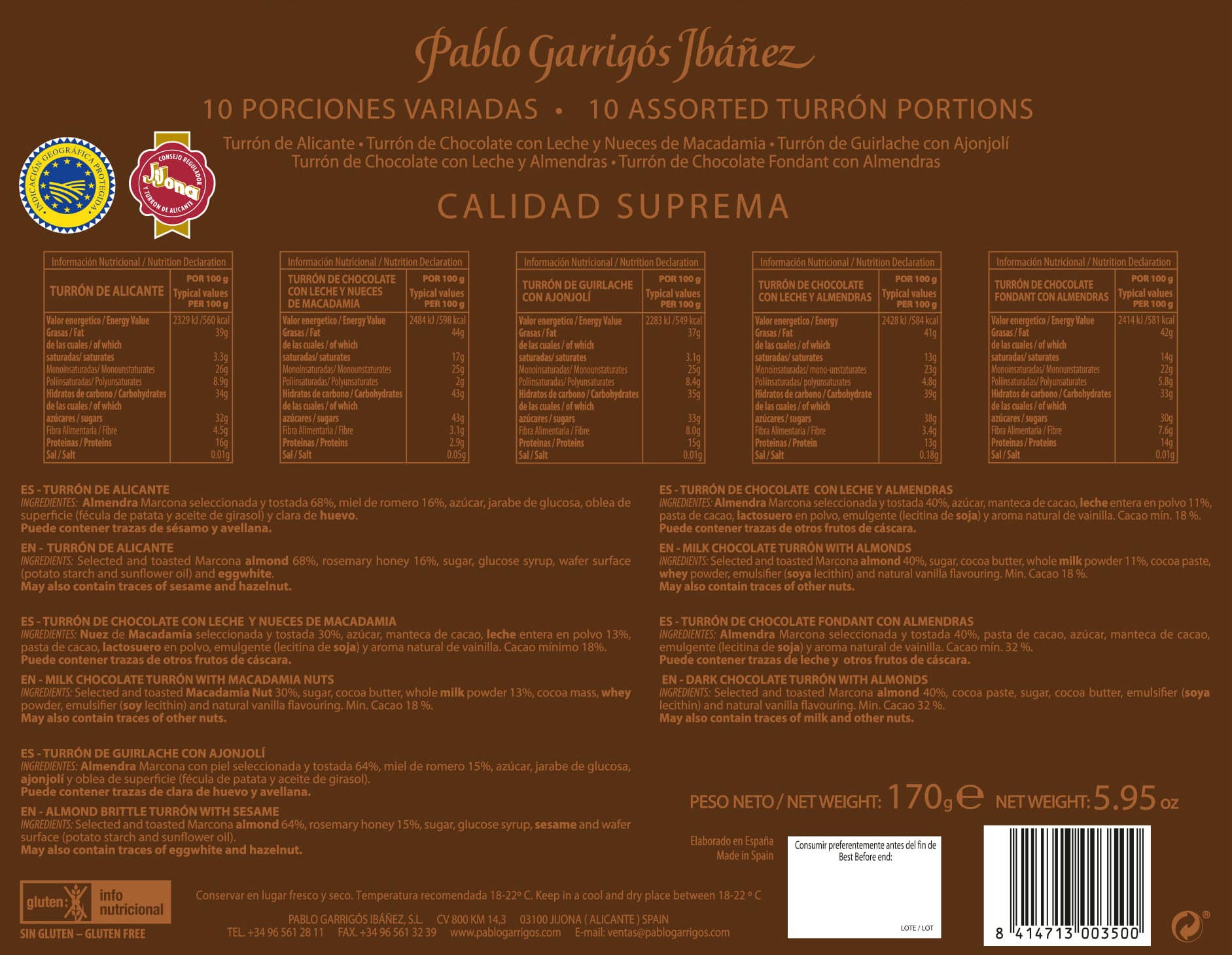 PABLO GARRIGÓS IBÁÑEZ – Engroshandel Chokoladeæsk – Delikatesser 10 varierede portionsboks 170 g1