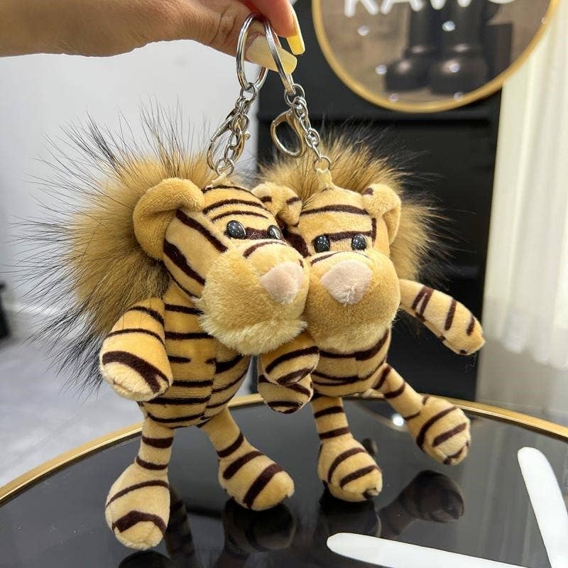 FurDecoration - Venta al por mayor Llavero - Mujer - Lindo llavero con forma de muñeco de tigre con piel de mapache, colgante en forma de llavero de coche4