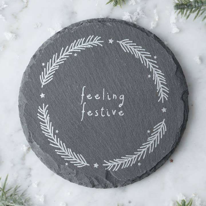Round Slate Coaster - 'Feeling Festive' for wholesale by CGB Giftware