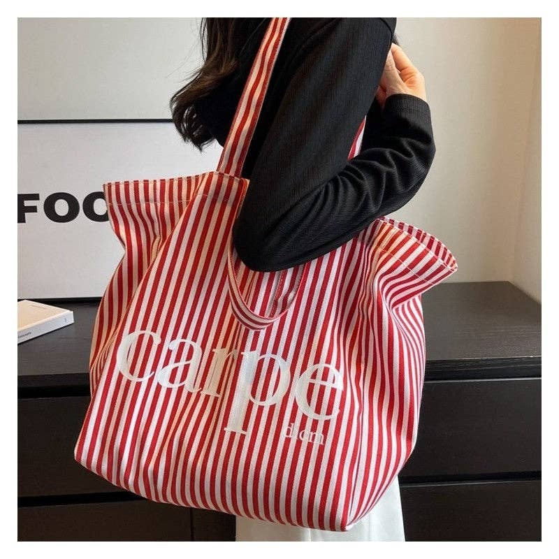 UZ Wholesale Store - Wholesale Tote Bag - Women's - Striped Letter Canvas Tote Bag with Large Capacity10
