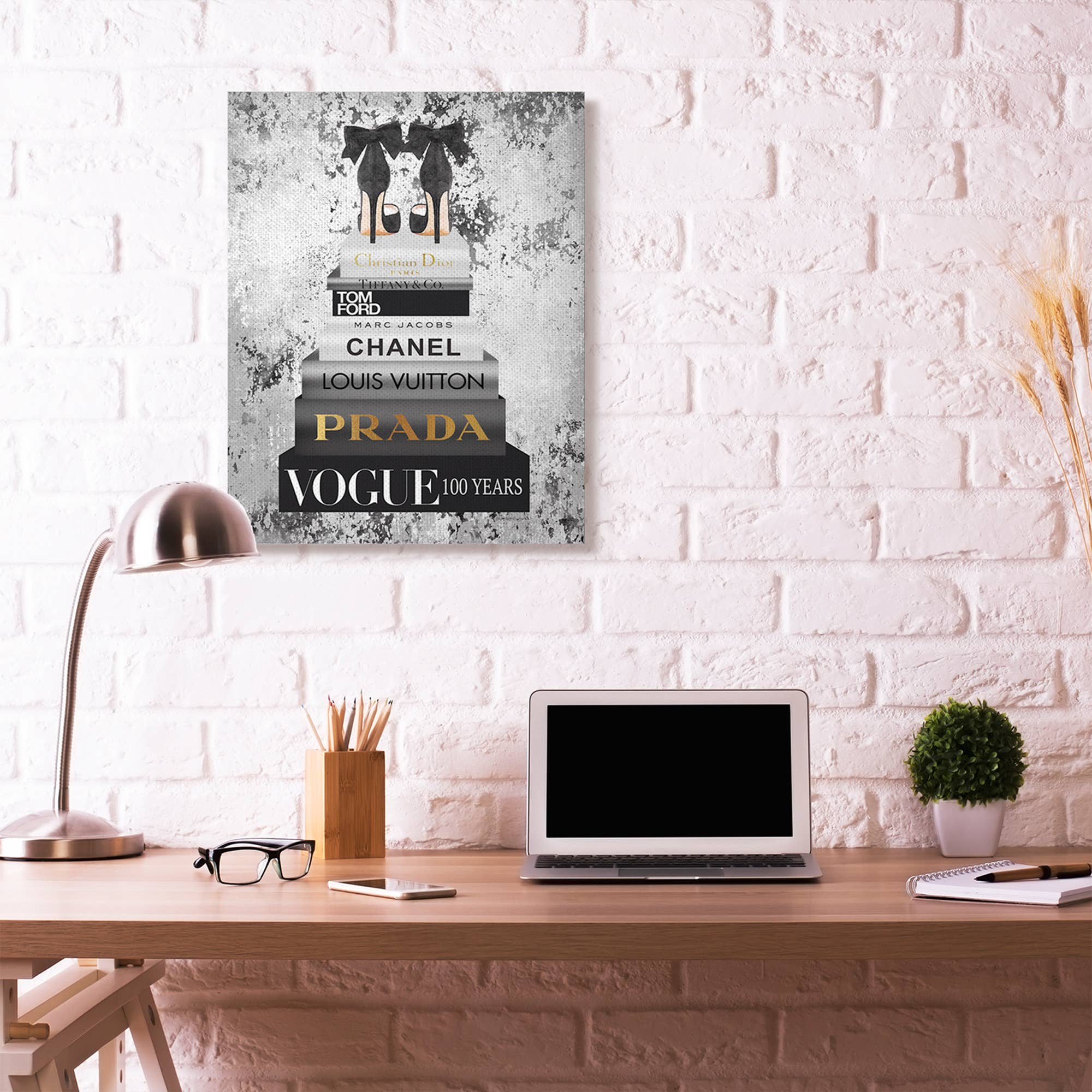 Stupell Industries - Wholesale Wall Decor - Kids & Baby - Fashion Shoes Bookstack Black And White Watercolor Canvas1