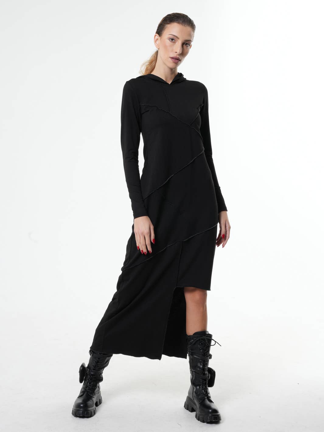 Metamorphoza - Wholesale Dress - Women's - Asymmetric Hooded Black Dress6