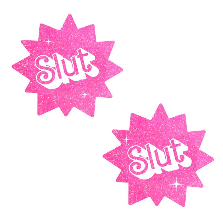 Barbie Babe Sassy Slut UV Pink Glitter Nipple Cover Pasties for wholesale on Faire