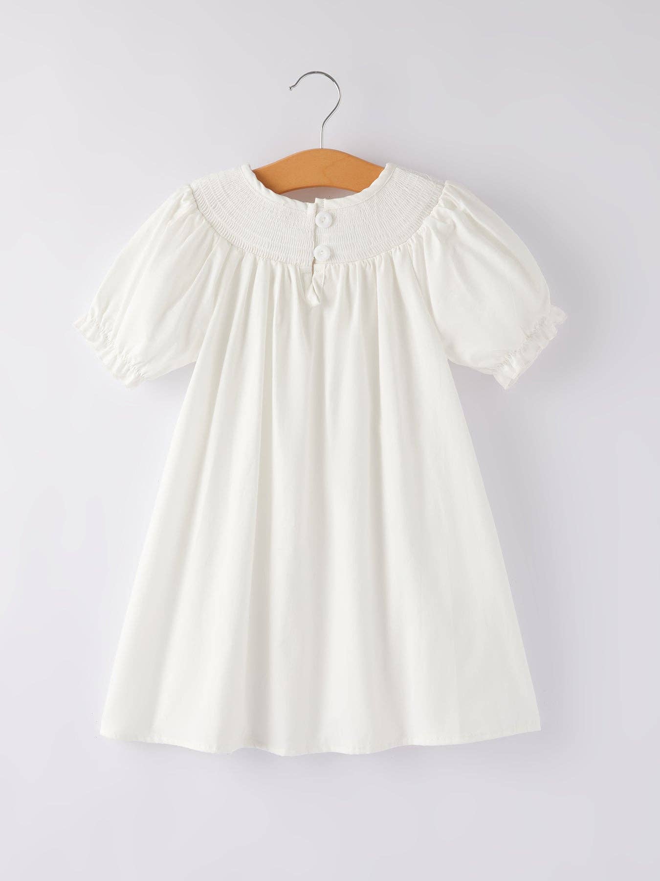 Rylee Faith Designs – Vestido - Crianças por atacado – Vestido Branco de Batizado com Fumo para Igreja Bispo Cristo1