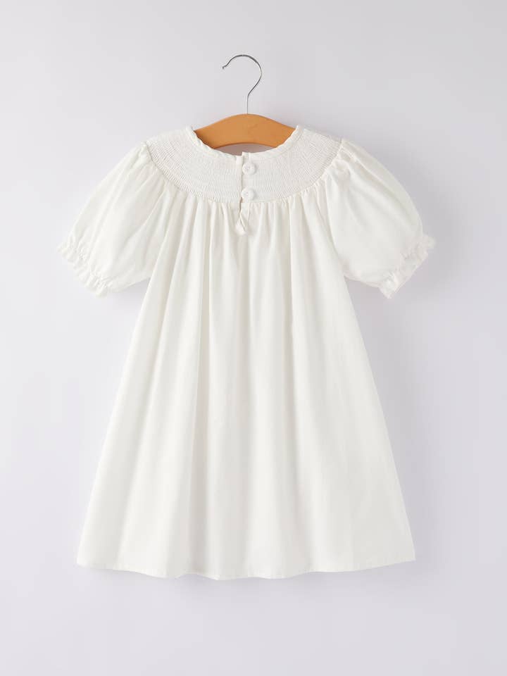 Rylee Faith Designs – Vestido - Crianças por atacado – Vestido Branco de Batizado com Fumo para Igreja Bispo Cristo1