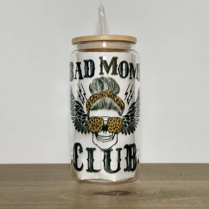 Bad Moms Club Skull 16oz Clear Glass Can Cup for wholesale by Made In Yuma