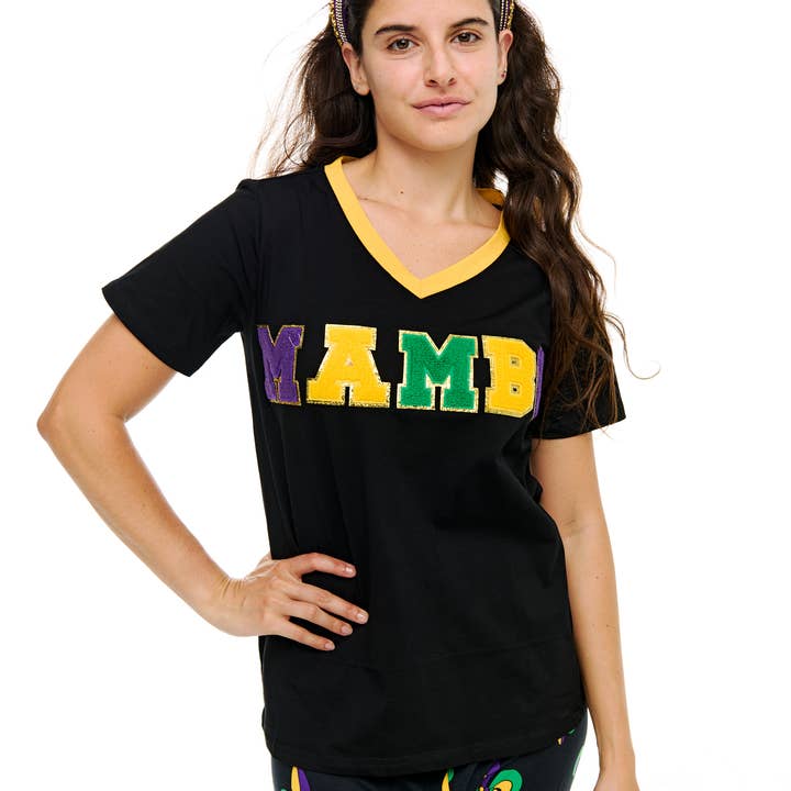 Mardi Gras chenille shirts word MAMBO for wholesale by SongLily