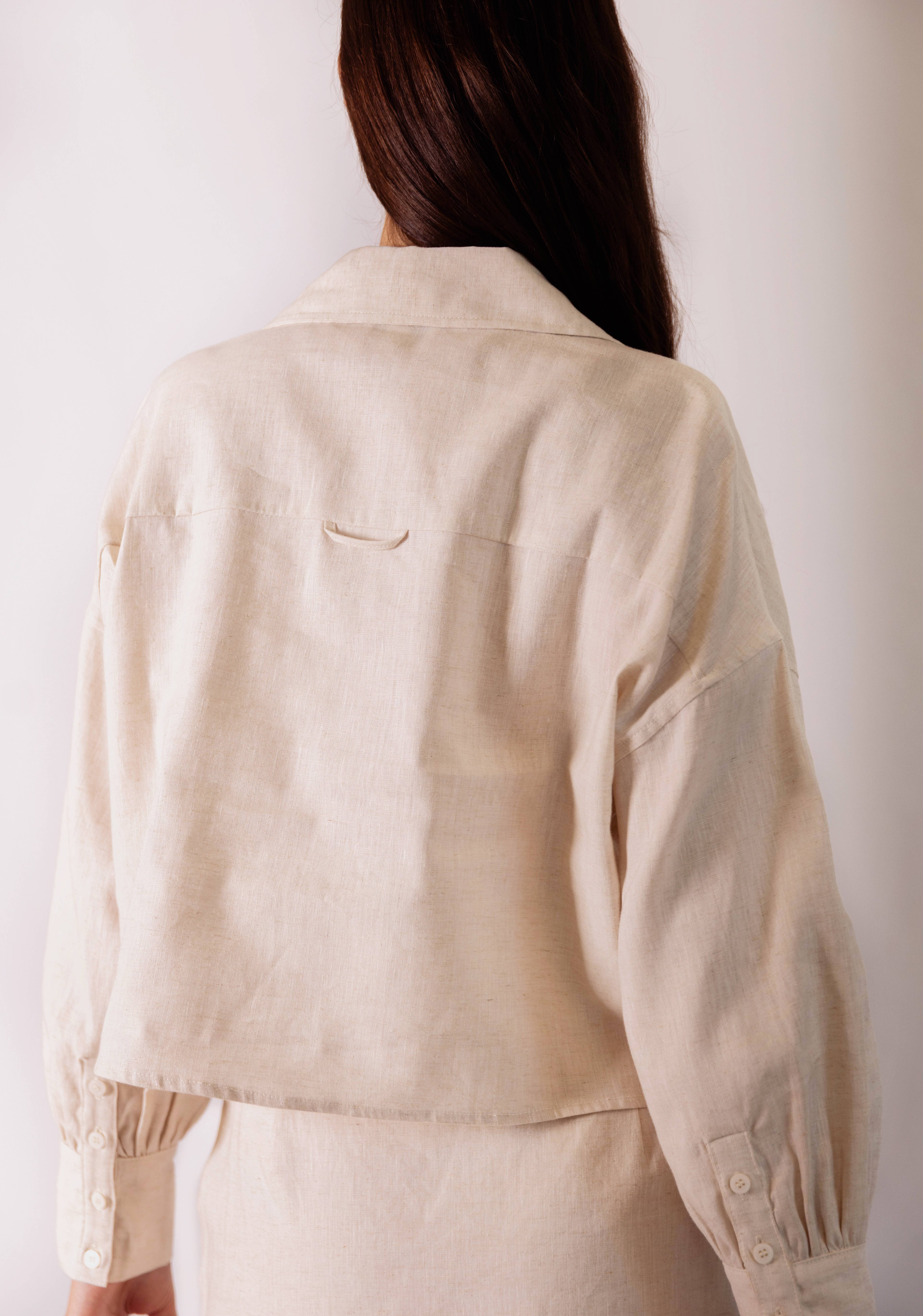 Natural P.CILL 100% Linen Cropped Button Up Shirt for wholesale on Faire6