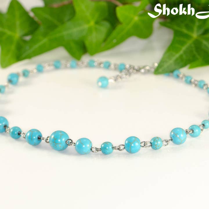 Turquoise Howlite Beaded Link Chain Anklet/Bracelet for wholesale by Shokh Jewelry