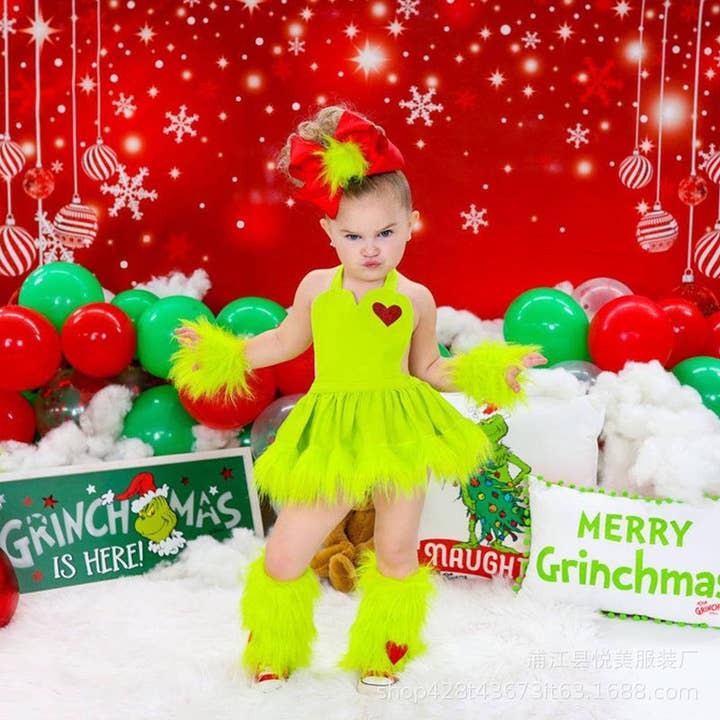 2-9Y Kids Girls Christmas Costume Green Fur Grinch Princess Dress Wholesale Kids Boutique Clothing for wholesale on Faire