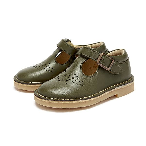 Young Soles - Wholesale Flats/loafers – Kids - Penny Velcro T-bar Shoe Olive Leather - KIDS
