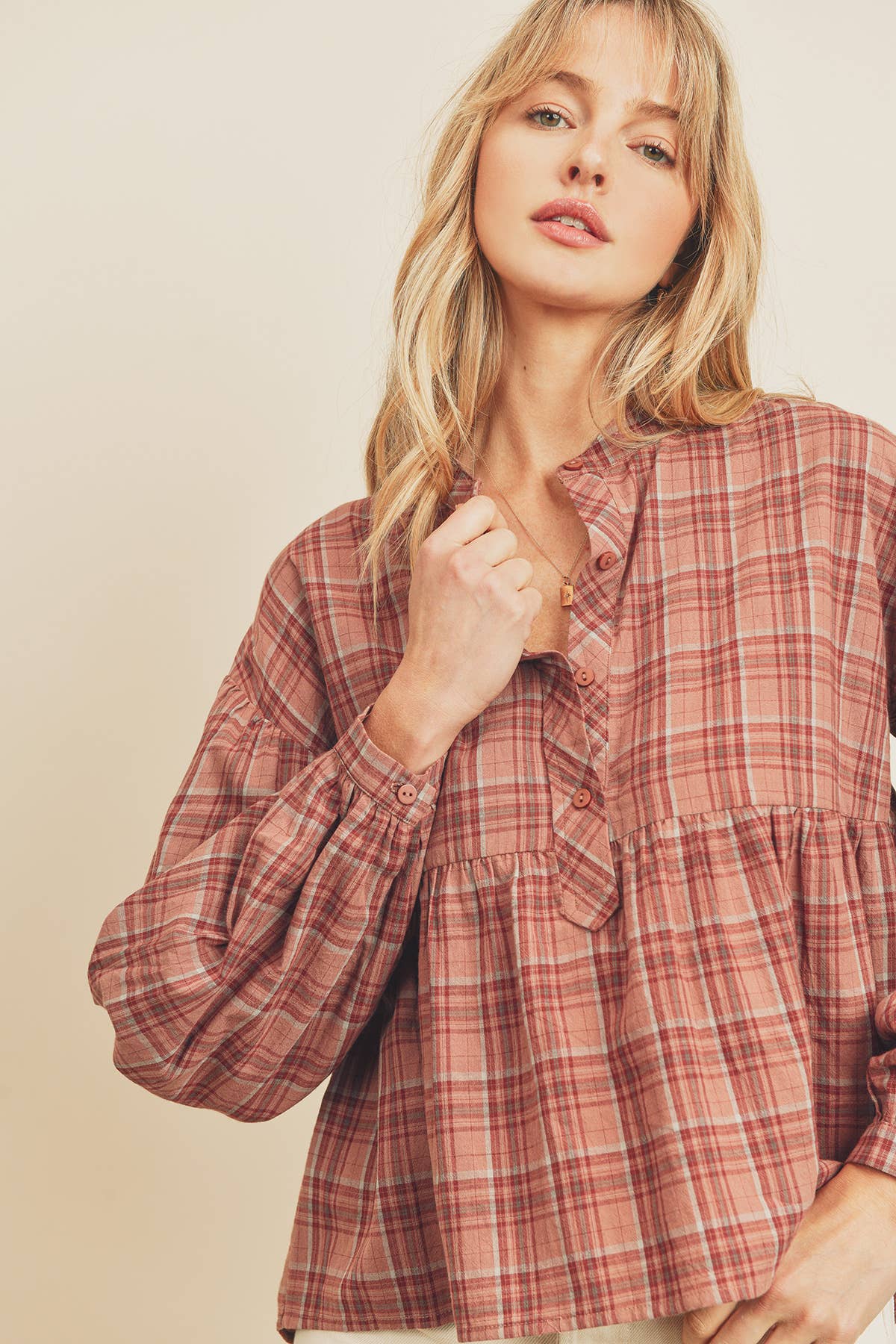 Dress Forum - Vente Chemisier – femme - Haut de babydoll à manches bouffantes à carreaux FT67135