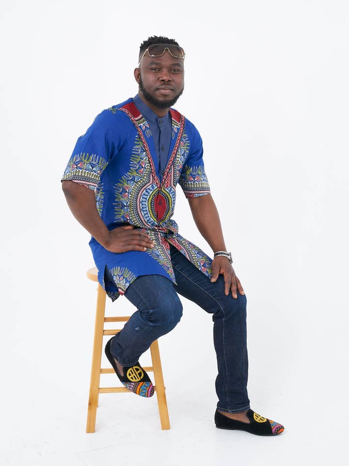 Folarin Ankara (Angelina) Blue Collar Shirt for wholesale by Ewa London