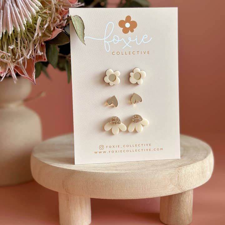Foxie Collective - Wholesale Jewelry Set - Stud Pack Trio #3 | Cream + Gold | WHOLESALE