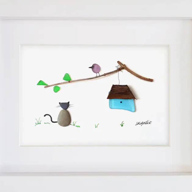 Cat Watching Bird - Sea Glass Pebble Picture Wall Art Decor for wholesale by UrchinArtworks