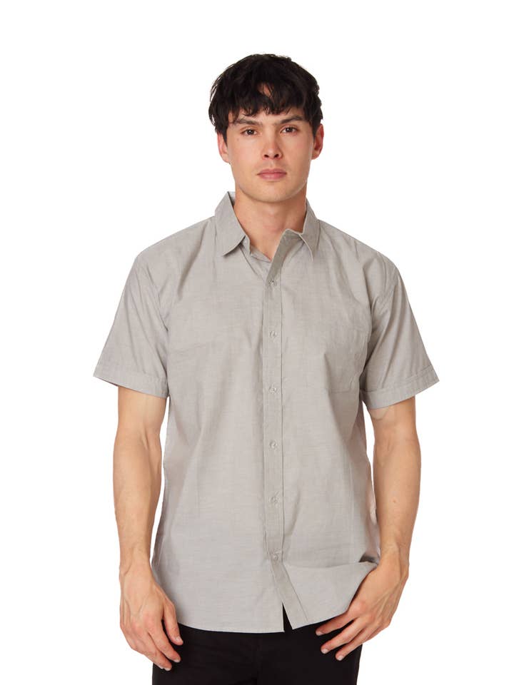 Gray Men's Solid Chambray Cotton Short Sleeve Shirts for wholesale on Faire0