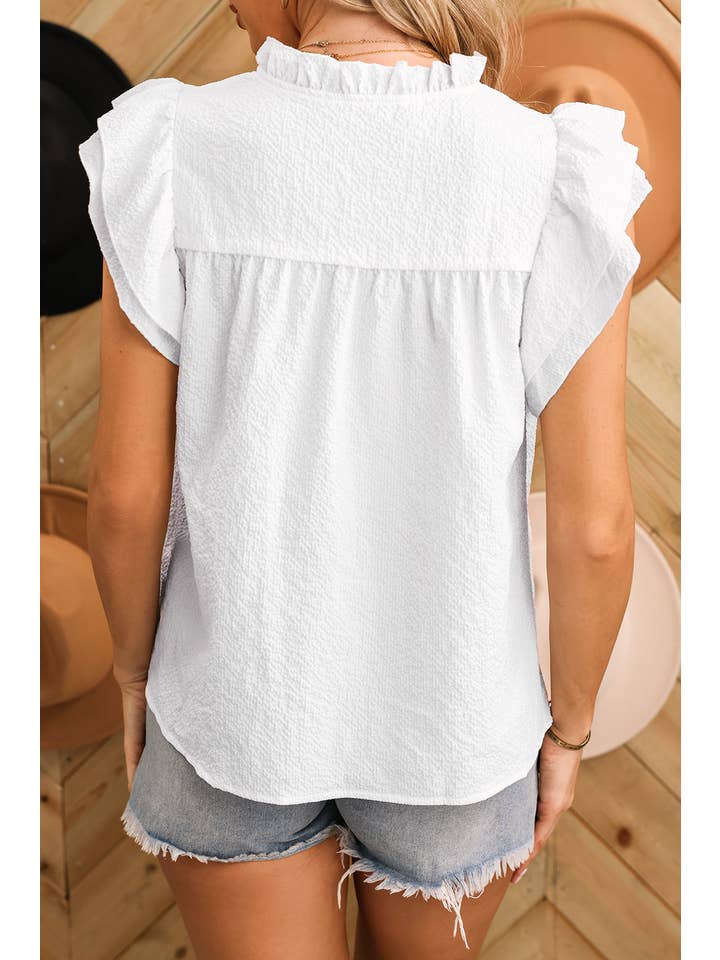 Aapparella - Wholesale Blouse - Women's - Women Ruffle Textured Flutter Sleeve V Neck Top | S-XL
