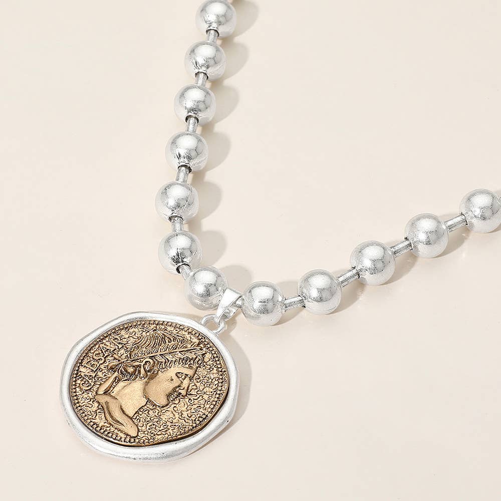 Sensibling Corp. - Wholesale Pendant/Charm Necklace - Worn Metal Roman Caesar Medal Pendant Beaded Necklace3