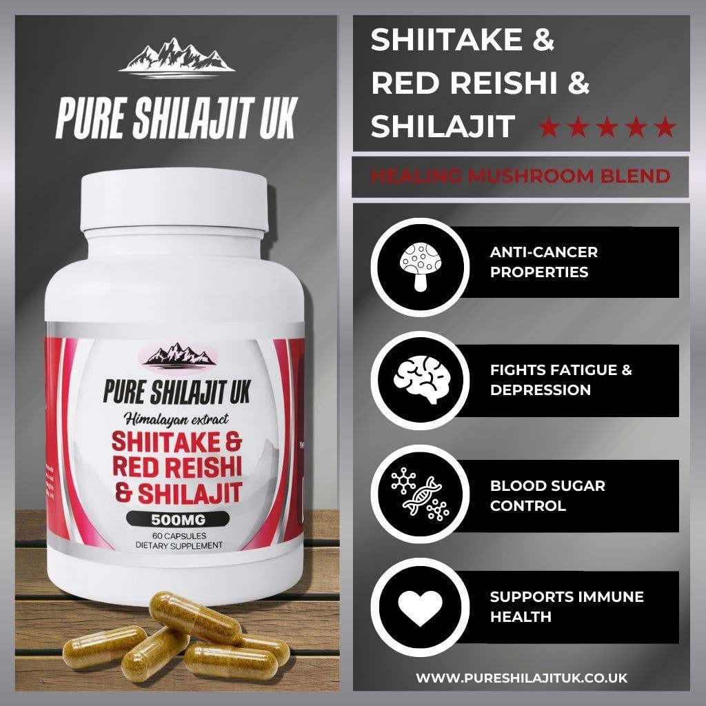 Pure Shilajit UK - Vente Supplément oral/vitamine - Gélules de Shiitake, Reishi & Shilajit – Mélange de guérison quotidien1