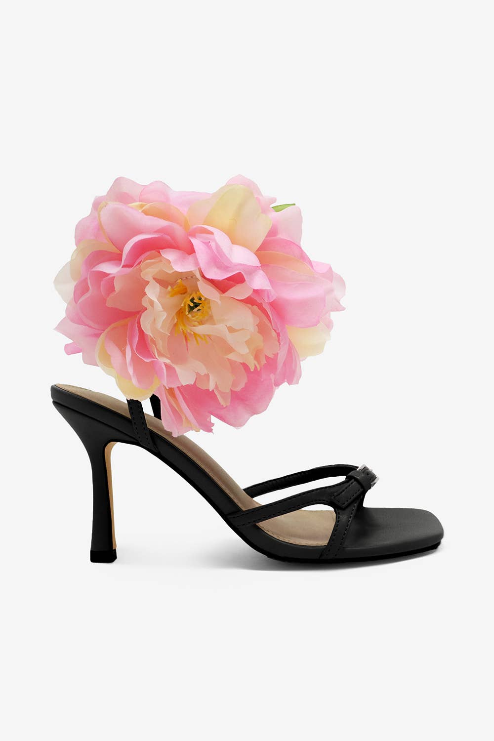 Lemonade Shoes - Wholesale High Heels - Women's - MAI - Flower Heel, Strappy Square Toe, Black/Pink0