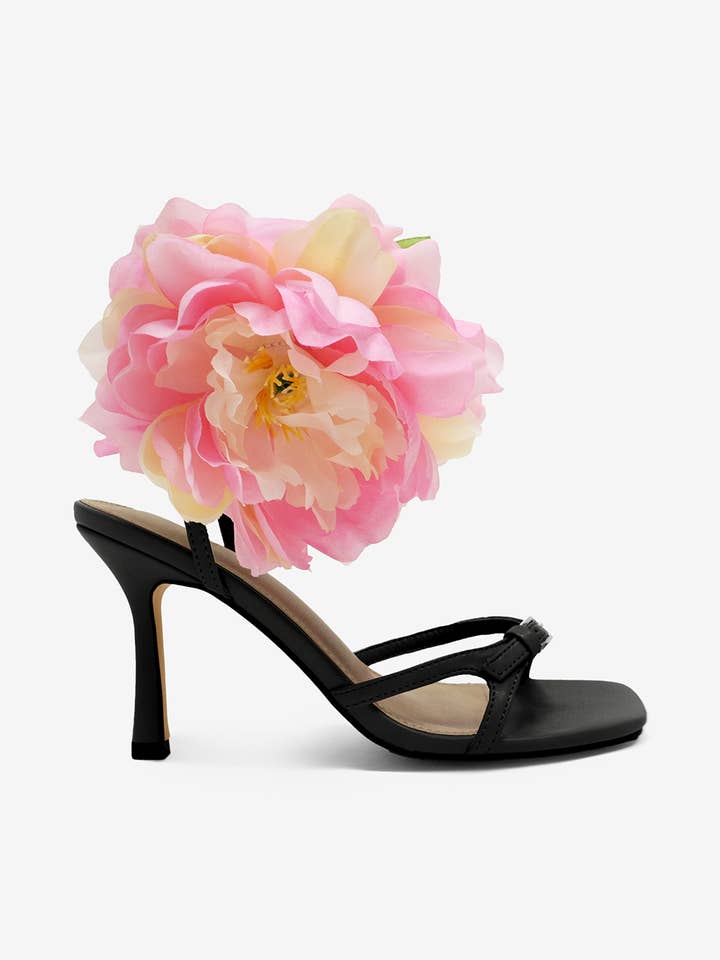 Lemonade Shoes - Wholesale High Heels - Women's - MAI - Flower Heel, Strappy Square Toe, Black/Pink