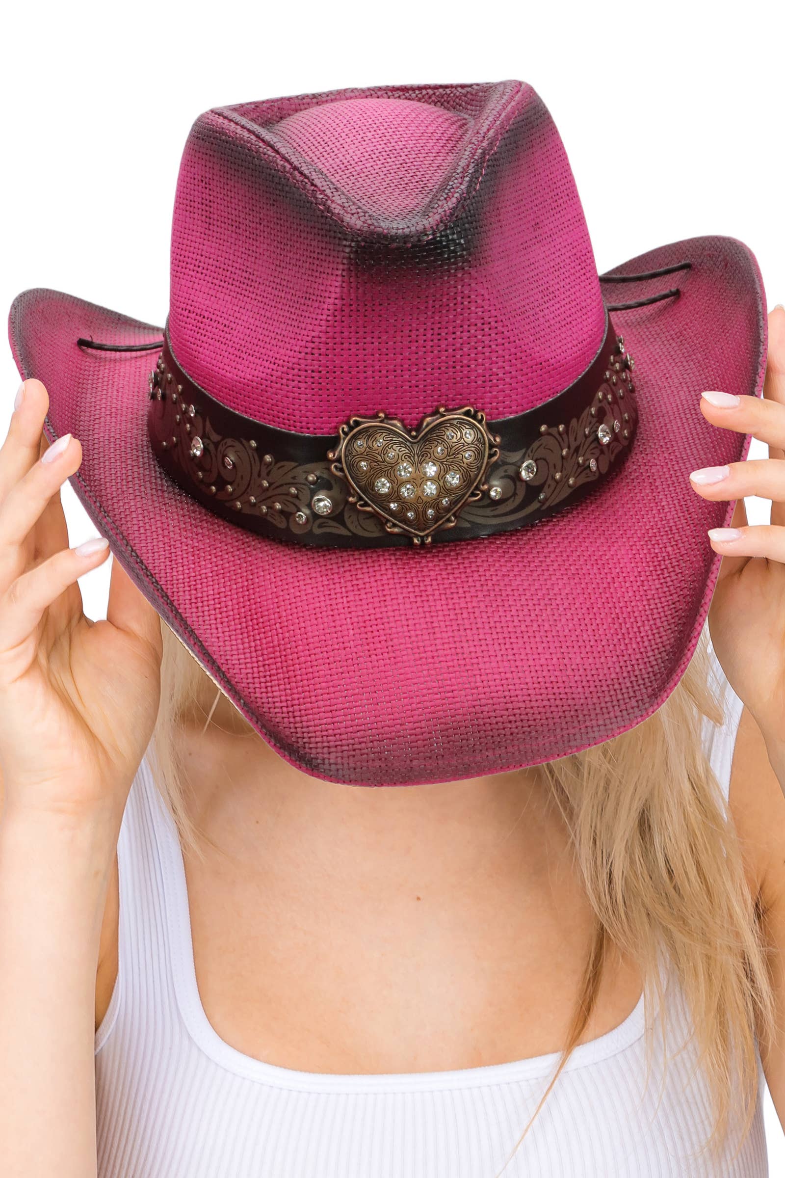 Cap Zone - Wholesale Cowboy Hat - Unisex - Heart Bling Rhinestone Belt Ombre Straw Cowboy Hat4