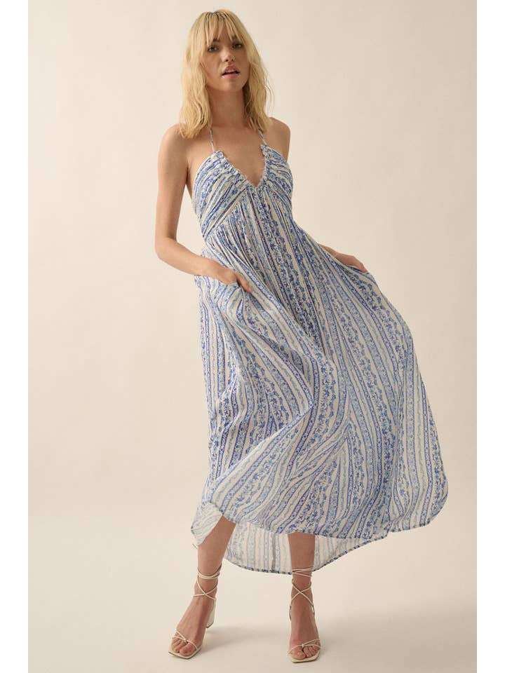 Promesa USA – Engroshandel Kjole - Dame – Blomsterstribet maxi halterkjole med bindebånd10