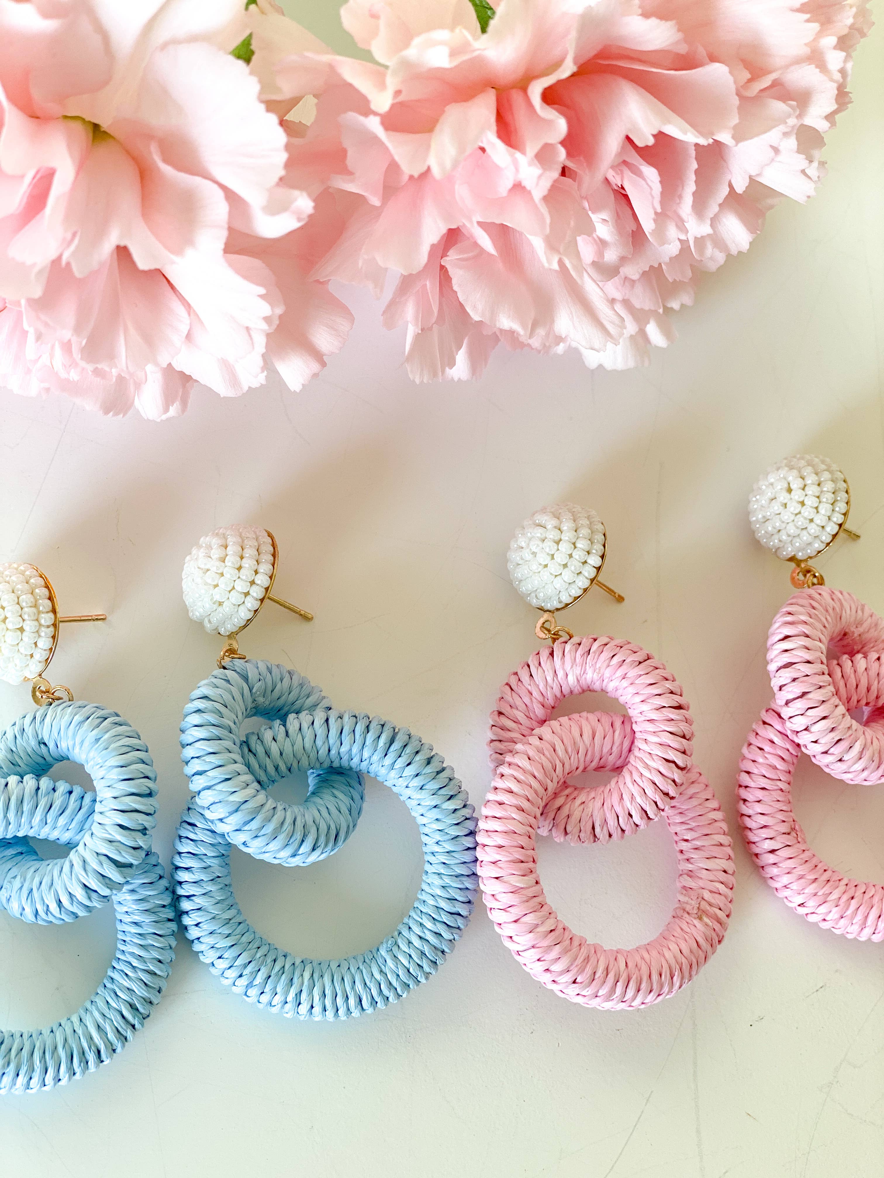 Gaby & Grace - Wholesale Dangle Earrings - Nantucket Raffia Earrings | Carolina Blue and White3