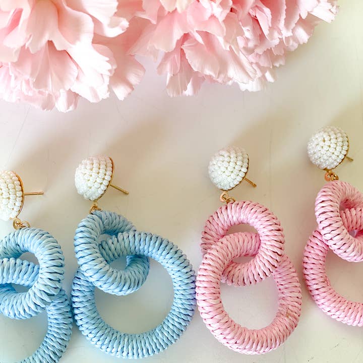 Gaby & Grace - Wholesale Dangle Earrings - Nantucket Raffia Earrings | Carolina Blue and White3