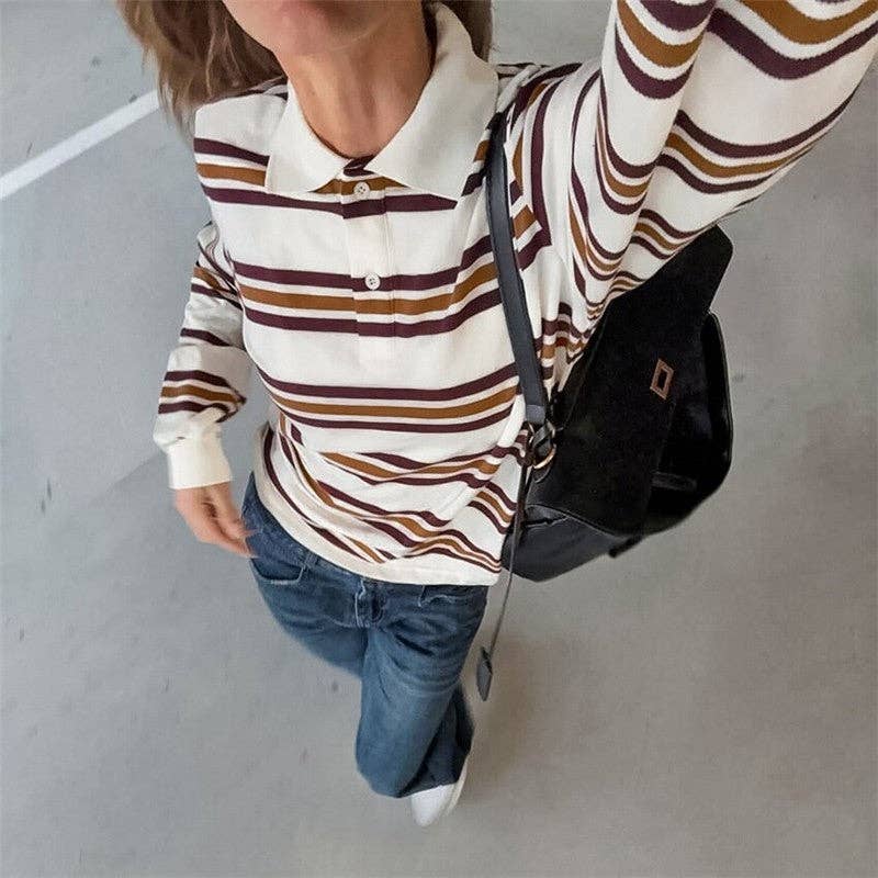 Color Block Striped Polo Collar Long Sleeve T-Shirt for wholesale on Faire4