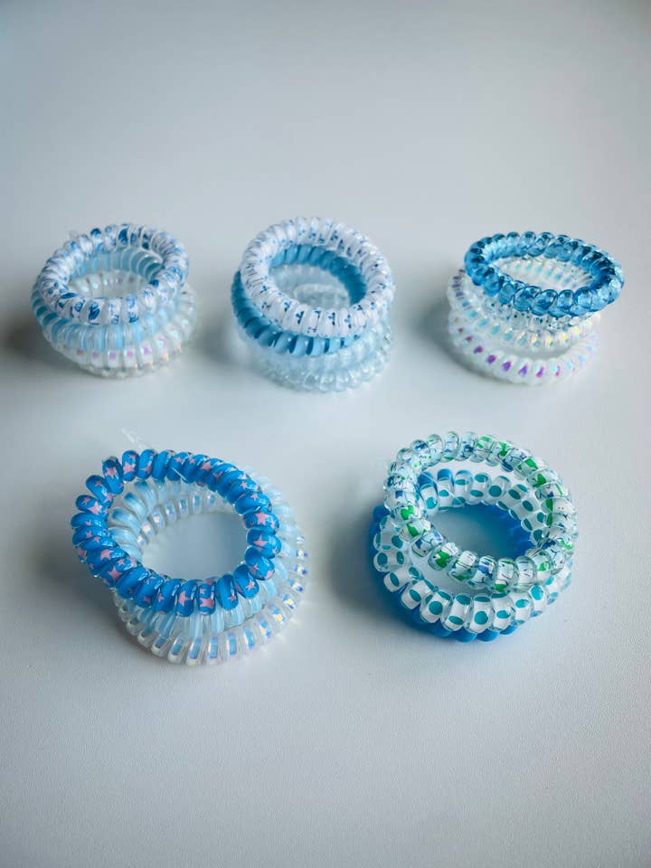 Coastal Blue & White Spiral Hair Ties for wholesale by The Wildflower Company